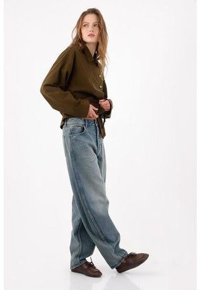 Tennis Jean Wide Leg Con Costuras Curvas En Algodón Azul Para Mujer