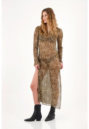 Vestido Largo Traslúcido Animal Print Para Mujer