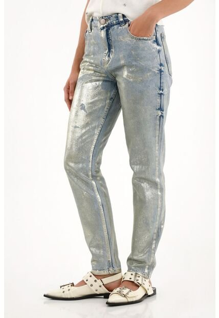 Tennis Jean Mom Tiro Alto Efecto Foil Dorado Para Mujer