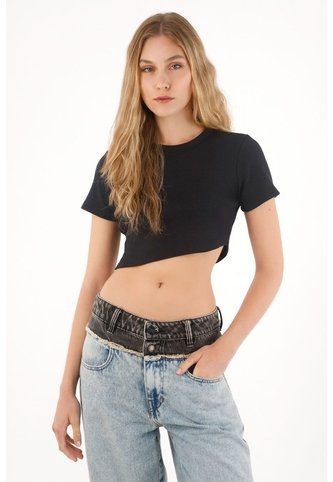 Tennis Camiseta Manga Corta En Rib Negra Para Mujer Tennis