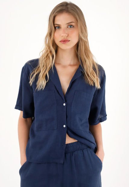 Camisa Azul En 100% Lino Manga Corta Para Mujer
