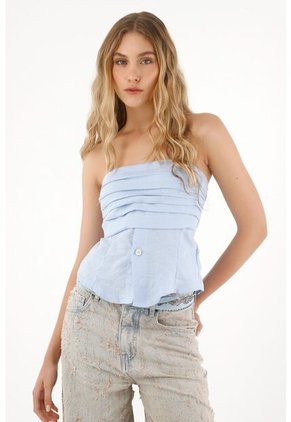 Tennis Camisa Strapless En 100% Lino Azul Para Mujer
