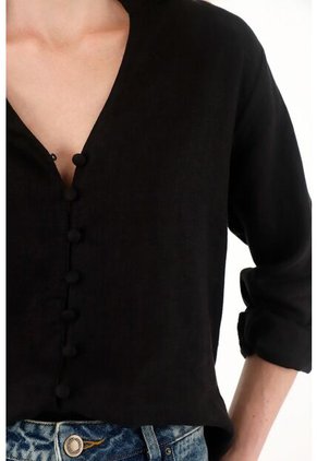 Tennis Camisa Negra Cuello Neru En 100% Lino Para Mujer