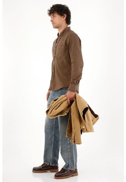 Tennis Camisa Oxford Manga Larga Café Para Hombre