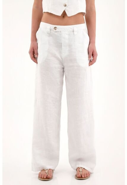 Tennis Pantalón Wide Leg Blanco En 100% Lino Para Mujer