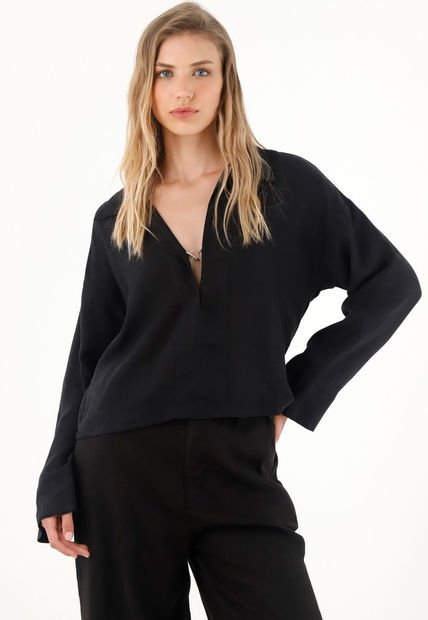 Camisa Negra Manga Larga 100% Lino Para Mujer