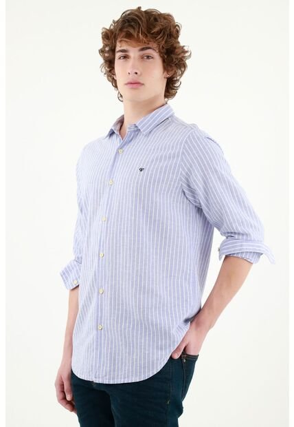 Camisa Cuello Francés Azul Para Hombre