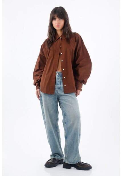 Tennis Camisa Para Mujer Algodón Marrón Corte Holgado Con Mangas Abullonadas