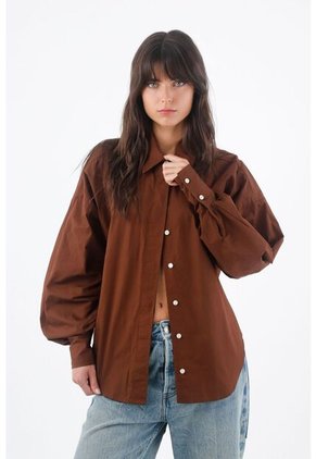 Tennis Camisa Para Mujer Algodón Marrón Corte Holgado Con Mangas Abullonadas