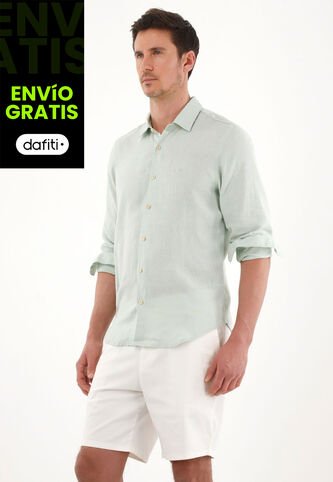 Tennis Camisa En 100% Lino Con Bordado Verde Para Hombre Tennis