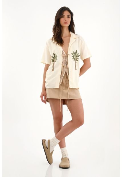 Camisa Tipo Bowling Con Bordado De Palmeras Para Mujer