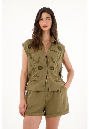 Chaleco Verde Con Manualidad Bordada En 100% Lino Para Mujer