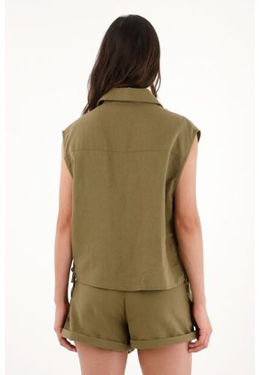 Chaleco Verde Con Manualidad Bordada En 100% Lino Para Mujer