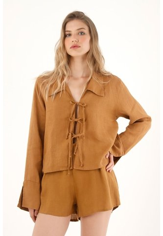 Tennis Camisa En 100% Lino Con Tiras Que Anudan En Frente Café Para Mujer Tennis
