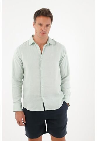 Tennis Camisa En 100% Lino Manga Larga Verde Con Estructura Ligera Para Hombre Tennis