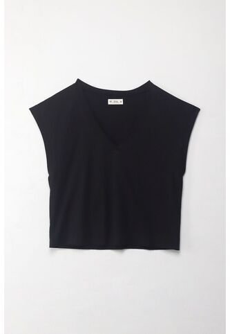 Tennis Camiseta Manga Sisa Negra Con Acabado Acanalado Para Mujer Tennis