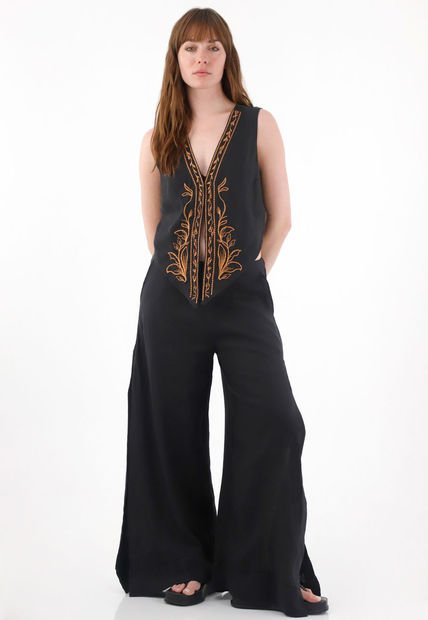 Pantalón Wide Leg En 100% Lino Negro Para Mujer