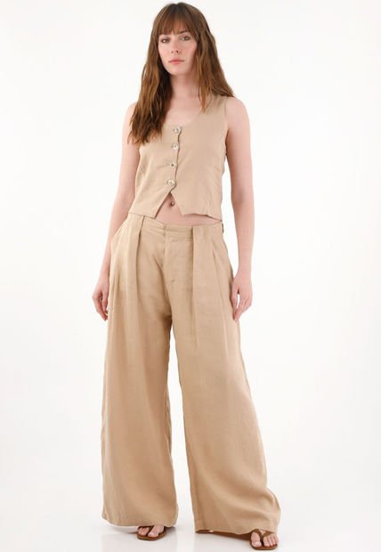 Pantalón Wide Leg En 100% Lino Con Tablas Crudo Para Mujer
