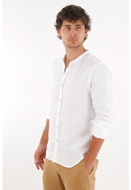 Tennis Camisa En 100% Lino Blanca Con Detalle Fruncido Para Hombre