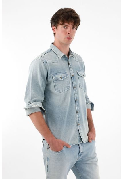 Camisa En Denim Con Bolsillos Azul Para Hombre