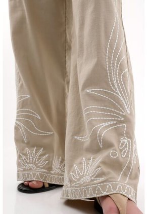 Pantalón Wide Leg Bordado Crudo Para Mujer