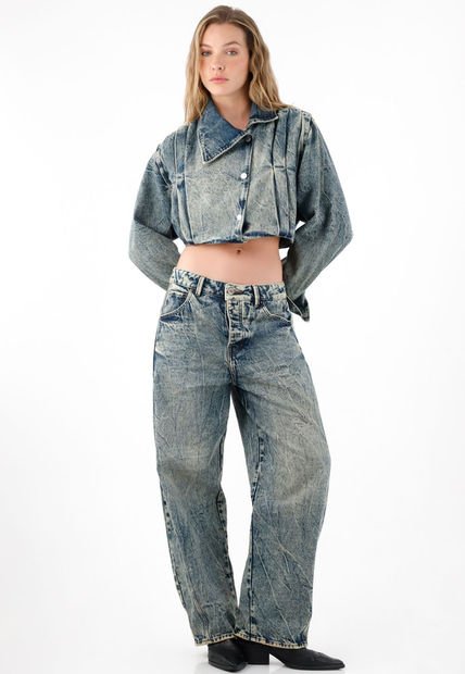 Jean Horseshoe Con Efecto Craquelado Azul Para Mujer