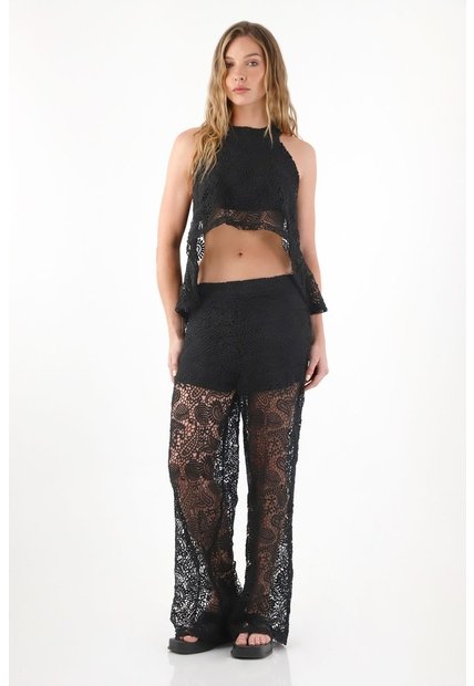 Tennis Pantalón Recto En Encaje Negro Para Mujer