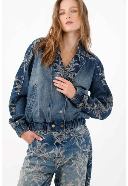 Tennis Chaqueta Bomber Fit Relajado Con Bordado Floral En Algodón Azul índigo Para Mujer