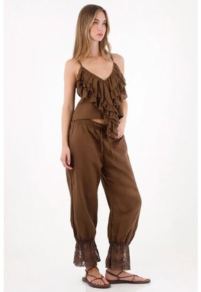 Tennis Pantalón Con Elástico Y Encaje En Bota Café Para Mujer