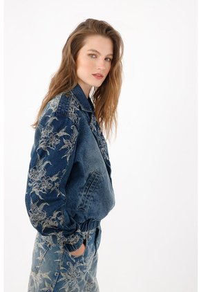 Tennis Chaqueta Bomber Fit Relajado Con Bordado Floral En Algodón Azul índigo Para Mujer