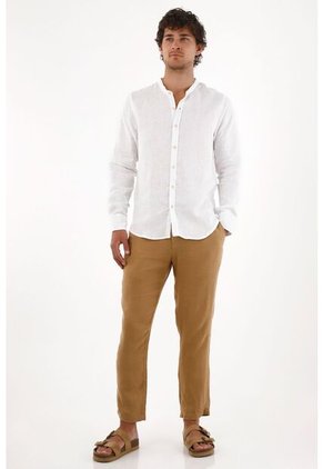 Tennis Camisa En 100% Lino Blanca Con Detalle Fruncido Para Hombre