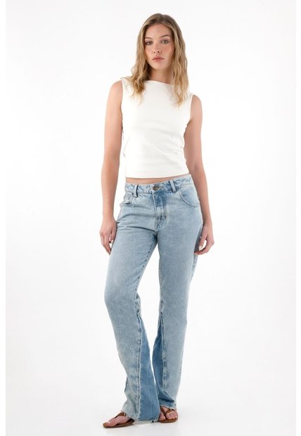 Tennis Jean Recto Tiro Medio Azul Con Cuello Definido Para Mujer