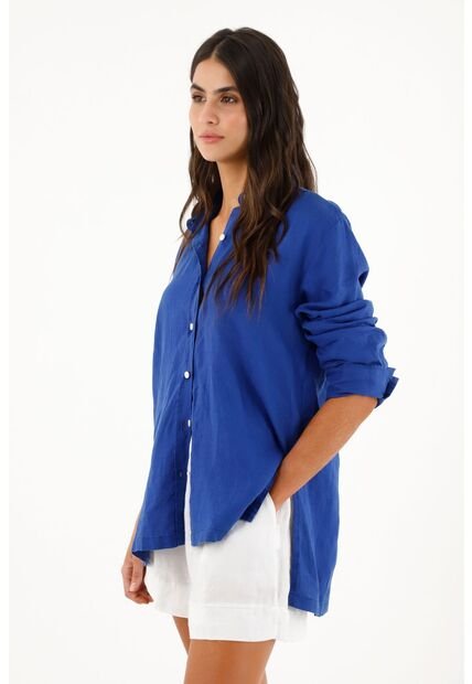 Camisa En 100% Lino Azul Para Mujer