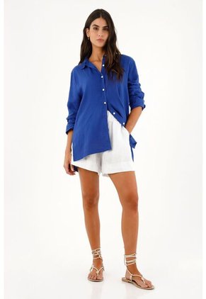 Camisa En 100% Lino Azul Para Mujer