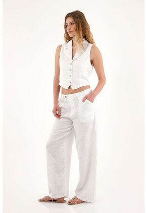 Tennis Pantalón Wide Leg Blanco En 100% Lino Para Mujer