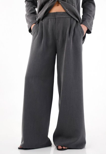 Pantalón Wide Leg Tela Tipo Sastre Gris Para Mujer