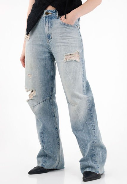 Jean Wide Leg Tiro Alto Con Rotos Para Mujer
