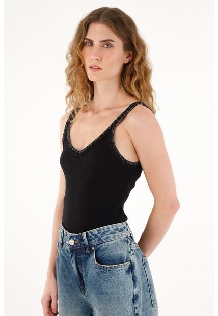 Tennis Camiseta Negra En Rib Manga Sisa Para Mujer