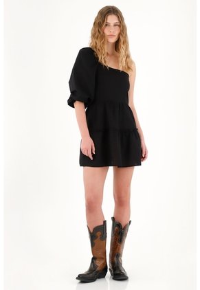 Tennis Vestido Corto En 100% Lino Negro Para Mujer