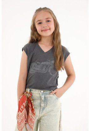 Camiseta Gris Con Estampado De Moto Para Niña