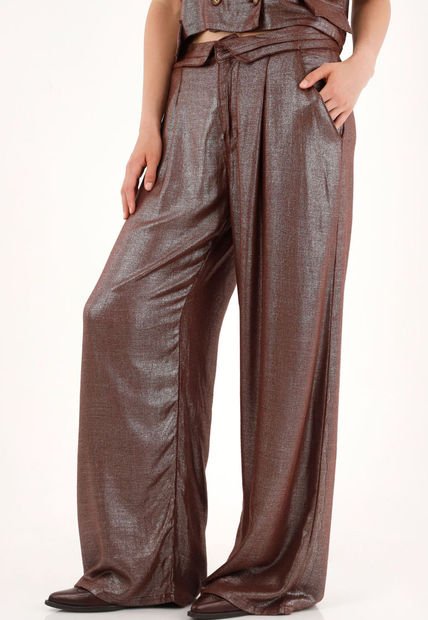 Pantalón Wide Leg Efecto Metalizado Para Mujer