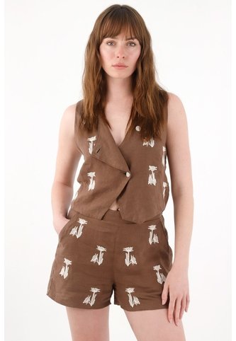 Tennis Short En 100% Lino Con Bordados Café Para Mujer Tennis