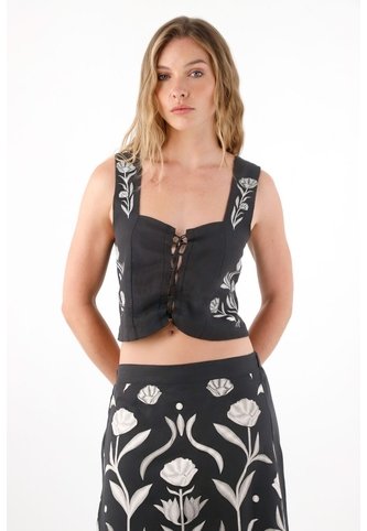 Tennis Camisa Tipo Corsé En Lino 100% Negra Para Mujer Tennis