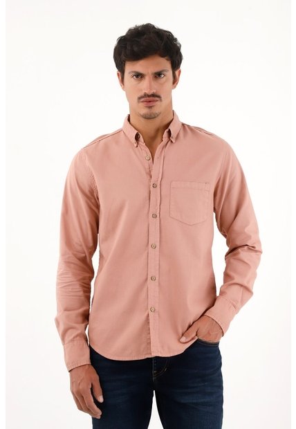 Camisa Oxford Manga Larga Rosada Para Hombre