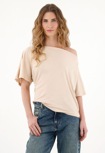 Camiseta Crudo Con Escote Drapeado Para Mujer