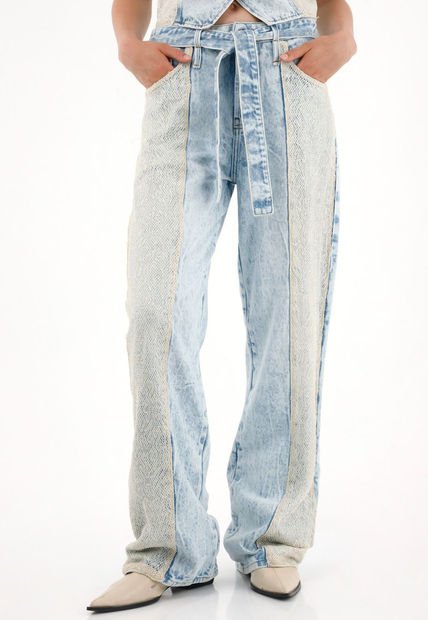 Jean Wide Leg Con Detalle De Malla Y Brillo Para Mujer