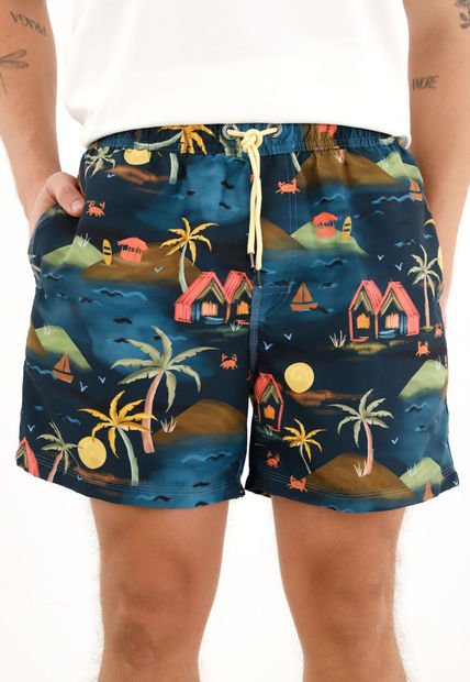Pantaloneta De Baño Azul Estampada Para Hombre
