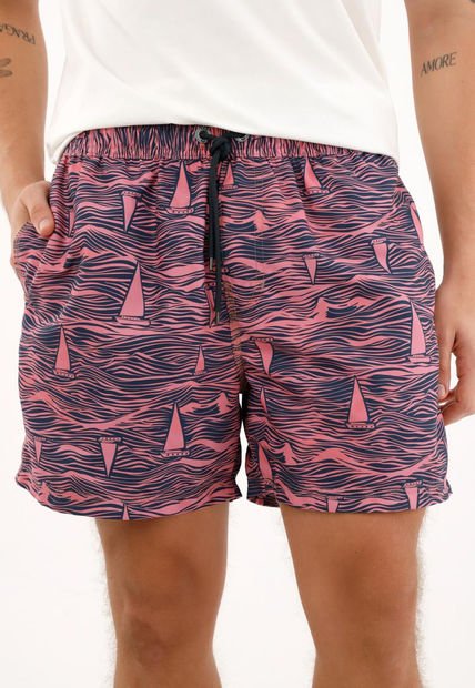 Pantaloneta De Baño Rosada Con Estampado De Veleros Para Hombre