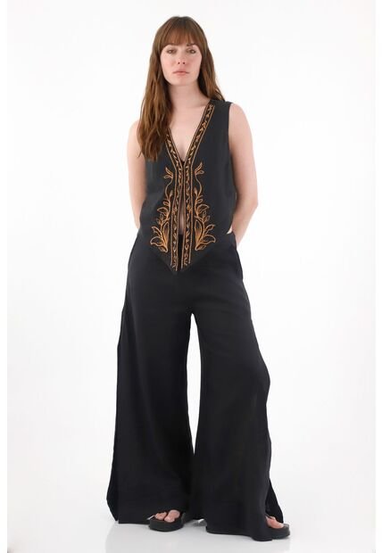 Tennis Pantalón Wide Leg En 100% Lino Negro Para Mujer