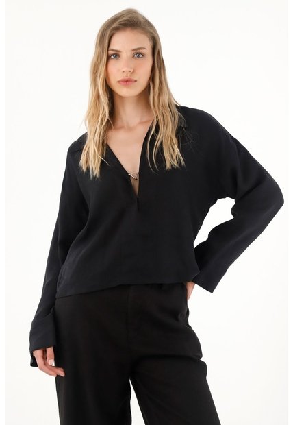 Tennis Camisa Negra Manga Larga 100% Lino Para Mujer